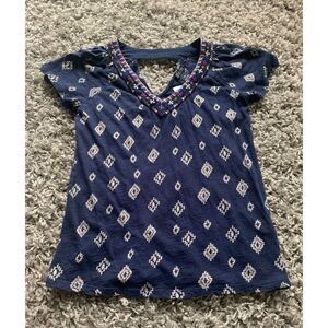Lucky Brand navy blue EMBROIDERED Boho CAP SLEEVE TUNIC SHIRT TOP sz XS